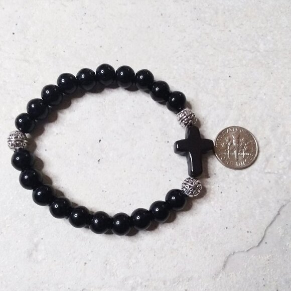 Earring + Bracelet Set! Glossy Black Stone Beads + Cross! Loss Grief Bereavement - Picture 4 of 10